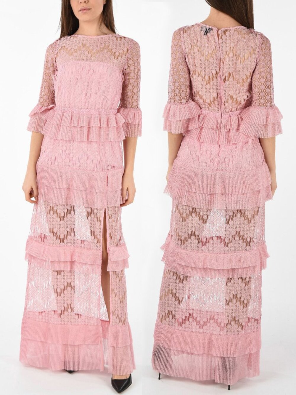 JUST CAVALLI BY ROBERTO CAVALLI DRESS PINK LACE GOWN PLEATED FLOUNCE